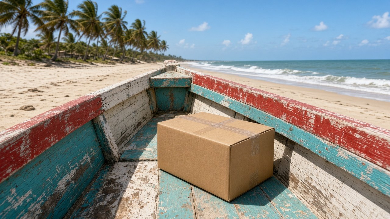 A sealed carton in a red and turquoise fishing canoe on a Ghana beach